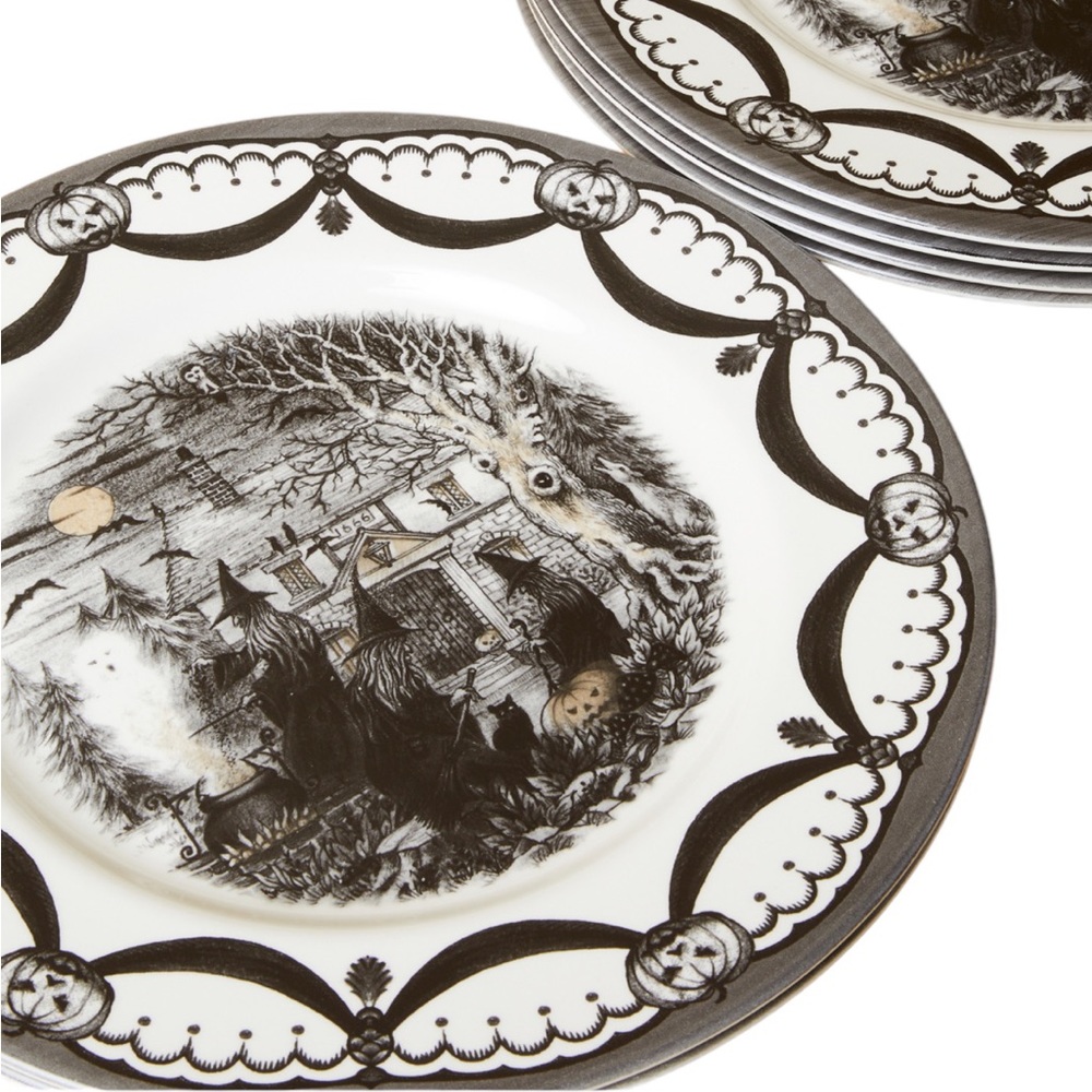 Set of 4 Royal Stafford Halloween Coven Witches Spell Black Cat Dinner Plates